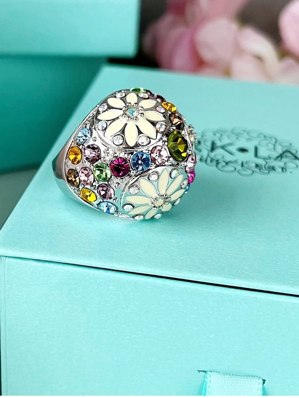 Park Lane Vintage -DAISY-Multicolor Crystal Daisy Statement Silver Ring Size 7